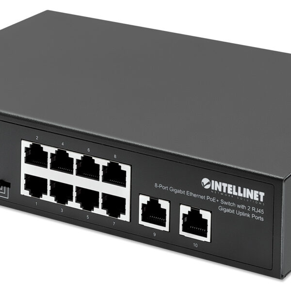 Intellinet 8-Port Gigabit Ethernet PoE+ Switch with 2 RJ45 Gigabit Uplink Ports, IEEE 802.3at/af Power over Ethernet (PoE+/PoE) Compliant, 120 W, Endspan, Desktop (WITH C14 2 PIN POWER CORD)