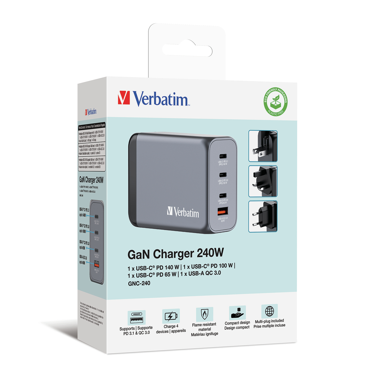 Verbatim GNC-240 GaN Charger 4 Port 240W USB A/C (EU/UK/US) - Afbeelding 6