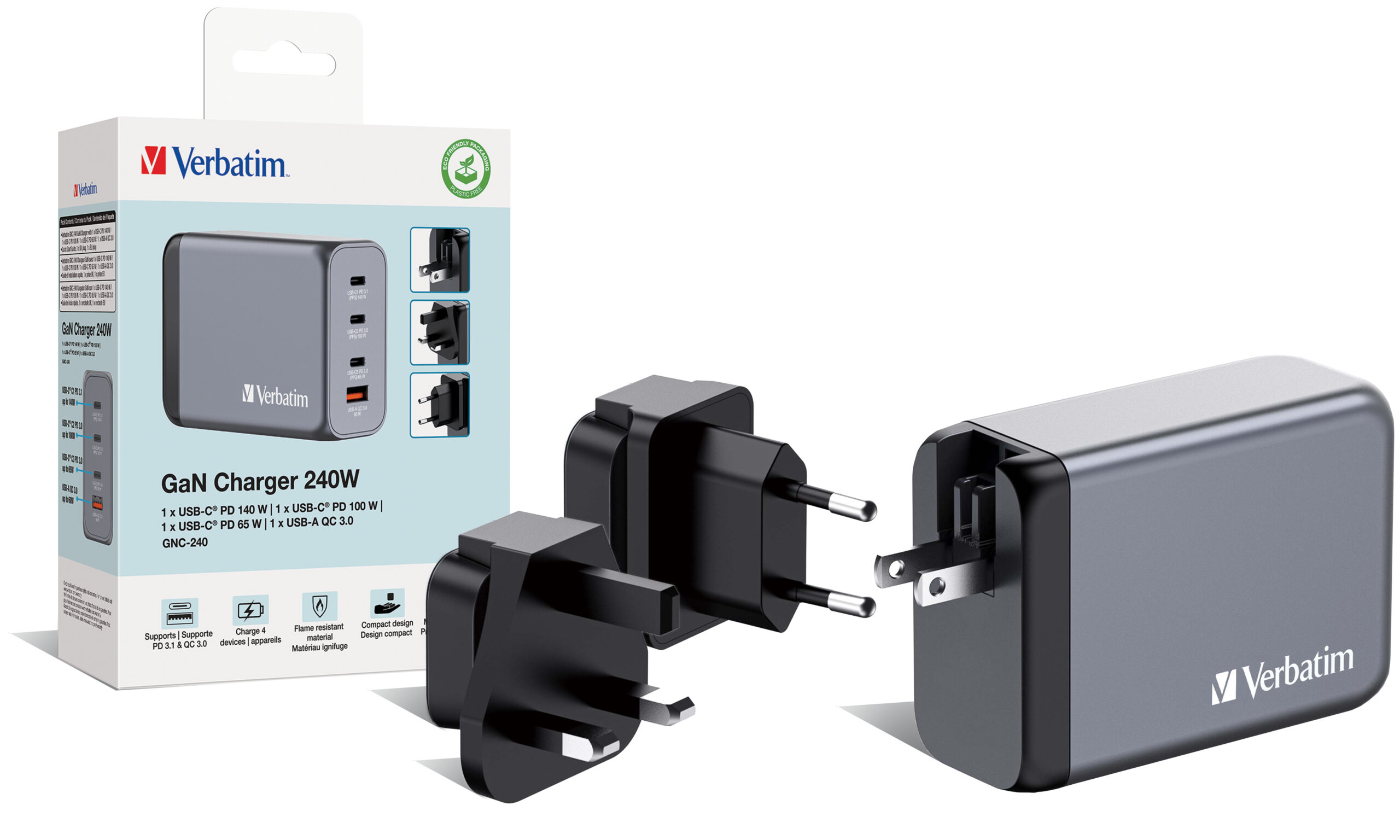 Verbatim GNC-240 GaN Charger 4 Port 240W USB A/C (EU/UK/US) - Afbeelding 5