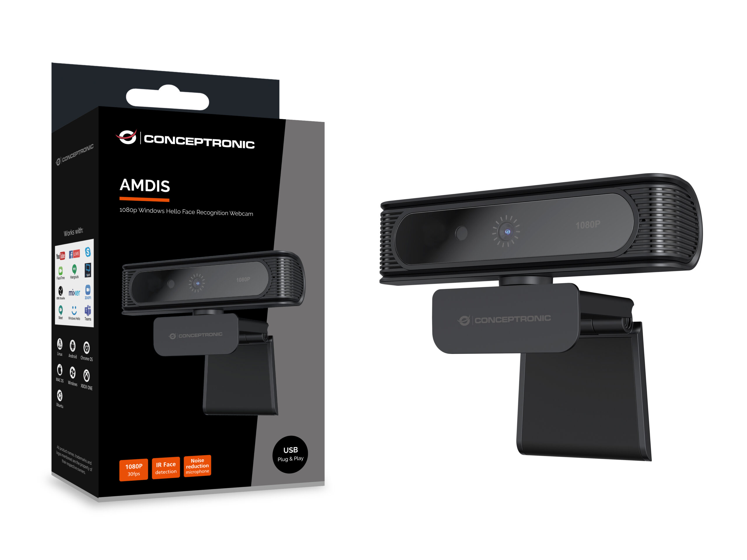 Conceptronic AMDIS09B 1080p Windows Hello Face Recognition Webcam - Afbeelding 7