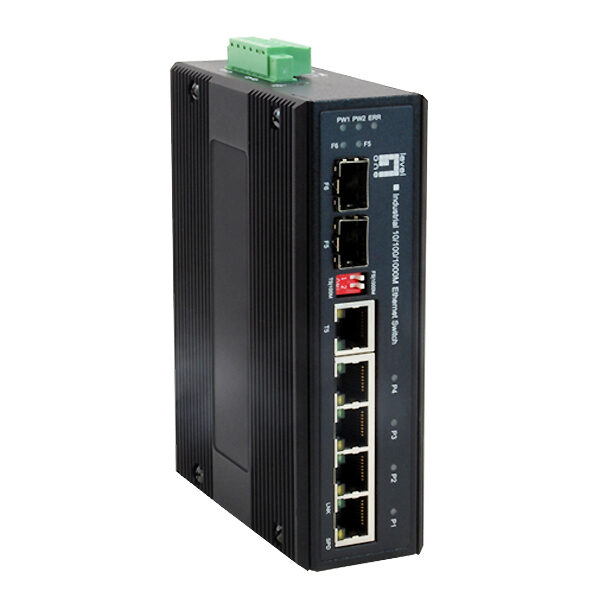 LevelOne 6-Port Gigabit Industrial Switch, 1 x SFP, 1 x SFP/RJ45 Combo, -40°C to 75°C, DIN-Rail