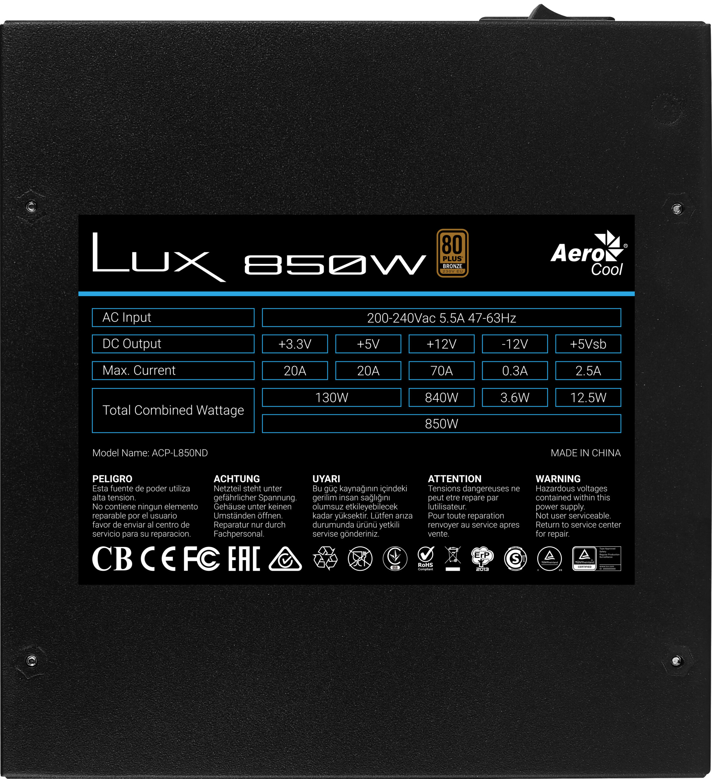 Aerocool LUX850 PC Power Supply 850W 80 Plus Bronze 230V 88% Efficiency Black - Afbeelding 5