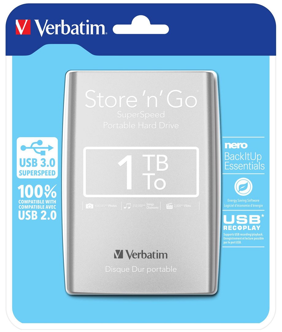 Verbatim Store 'n' Go USB 3.0 Portable Hard Drive 1TB Silver - Afbeelding 2
