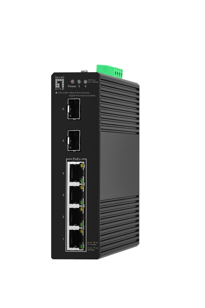 LevelOne Hilbert 6-Port Industrial Gigabit PoE Smart Lite Switch, 2 x SFP, 4 PoE Outputs, 802.3at/af PoE