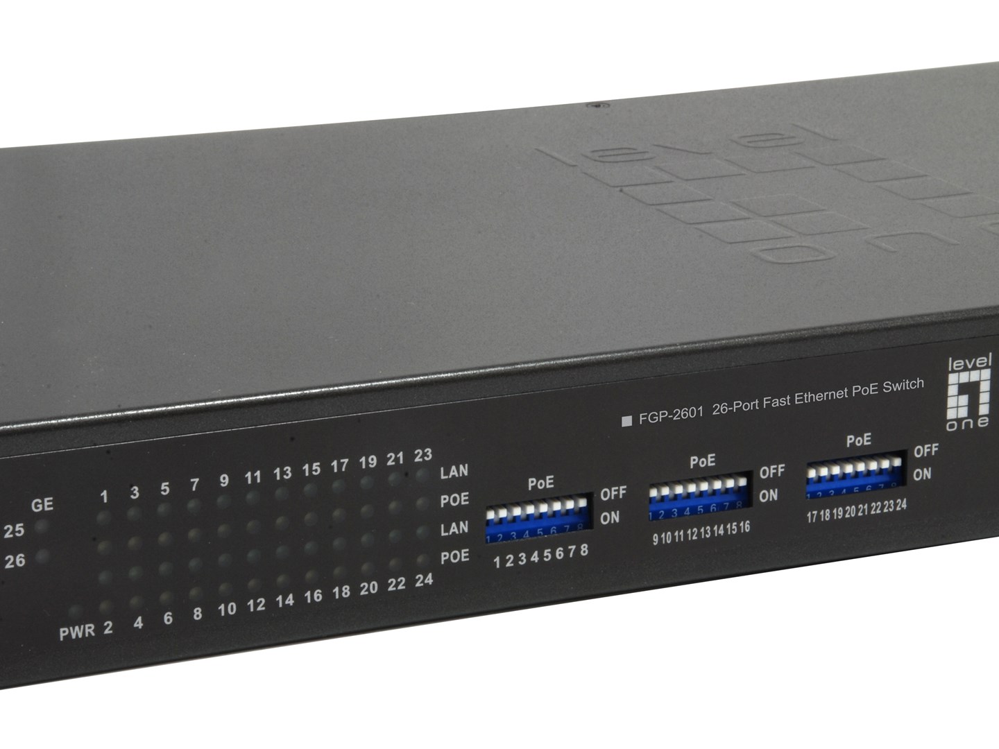 LevelOne 26-Port Fast Ethernet PoE Switch, 24 PoE Outputs, 2 x Gigabit RJ45, 150W - Afbeelding 6