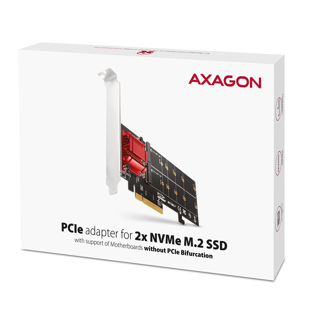 Axagon PCEM2-ND PCIe x8 - dual M.2 NVMe M-key slot adapter, RAID, dataswitch, w. SP & LP - Afbeelding 10