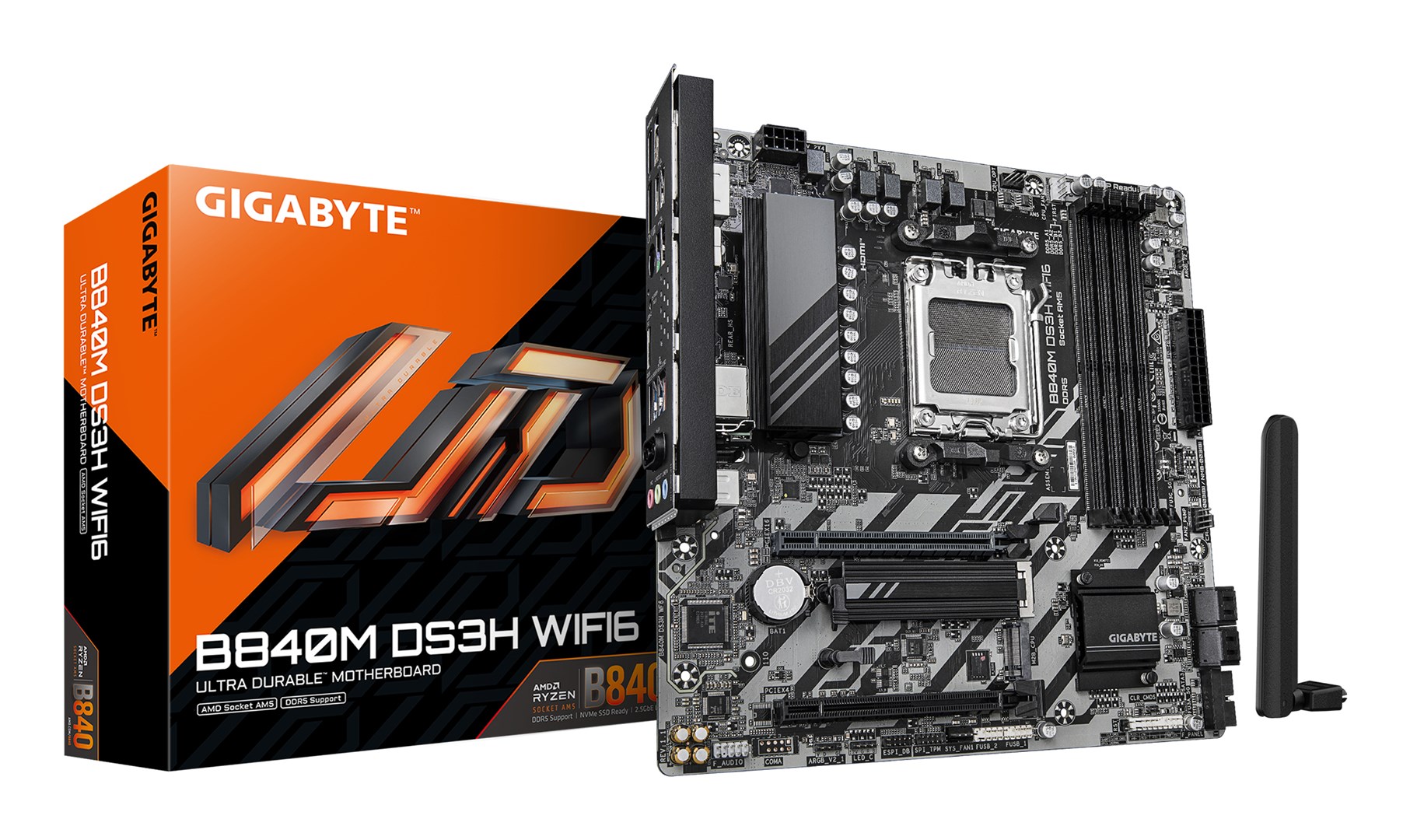 GIGABYTE B840M DS3H WIFI6 Motherboard - AMD Ryzen 9000 CPUs, 8+2+2 Phases VRM, up to 8200MHz DDR5, 2xPCIe 4.0 M.2, Wi-Fi 6, 2.5GbE LAN, USB 3.2 Gen 1