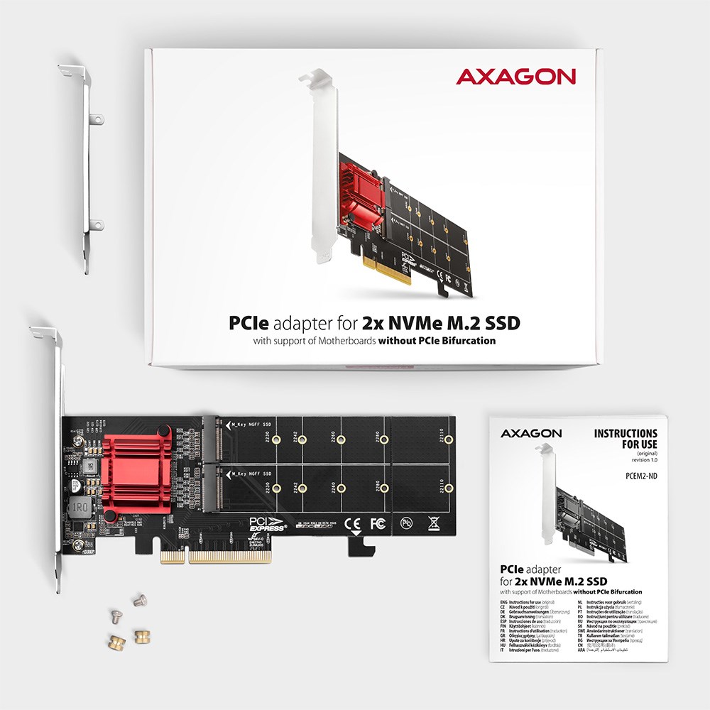 Axagon PCEM2-ND PCIe x8 - dual M.2 NVMe M-key slot adapter, RAID, dataswitch, w. SP & LP - Afbeelding 9