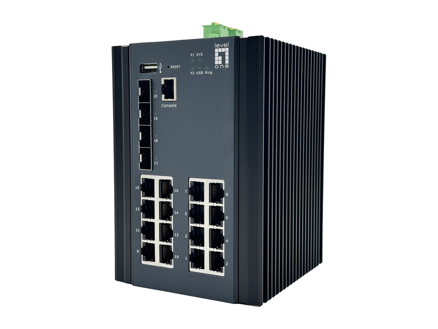 LevelOne 20-Port L2 Plus Managed Gigabit Industrial Switch, 16x 1GbE RJ45, 4x 1/2.5GbE SFP, DIN-Rail, -40°C to 80°C