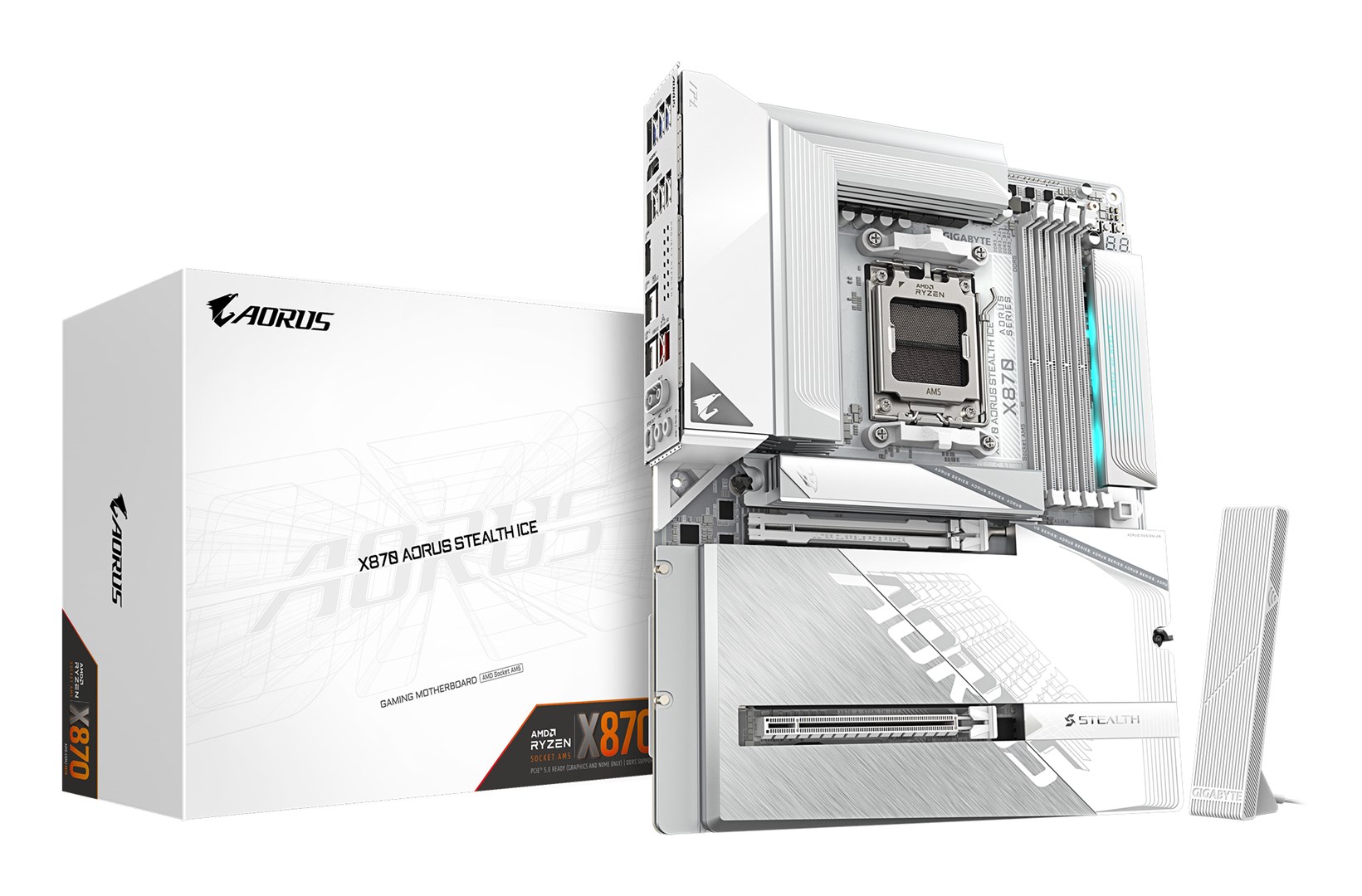 GIGABYTE X870 AORUS STEALTH ICE Motherboard - Supports AMD Ryzen 9000 CPUs, 16+2+2 Phases Digital VRM, up to 8200Hz DDR5 (OC), 2xPCIe 5.0 + 2xPCIe 4.0, Wi-Fi 7, 5 GbE LAN, USB 4