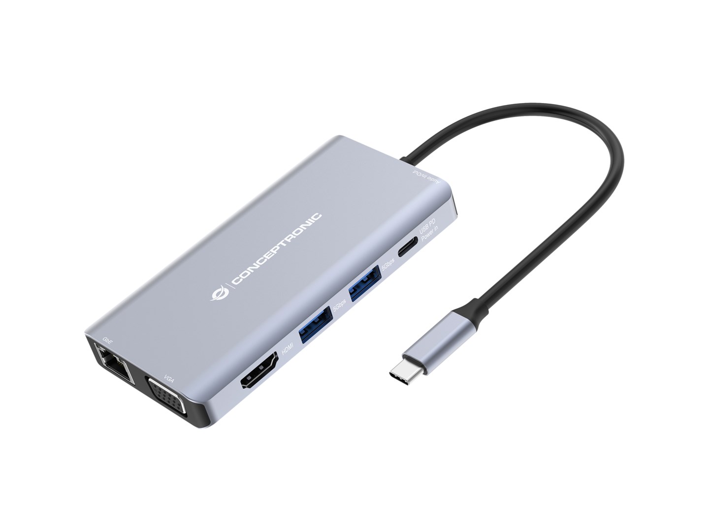 Conceptronic DONN20G 10-in-1 USB 3.2 Gen 1 Docking Station, HDMI, VGA, USB-A 5Gbps, USB-C 5Gbps, SD, TF/MicroSD, Audio, GbE LAN, 100W USB PD