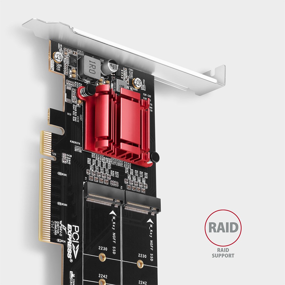 Axagon PCEM2-ND PCIe x8 - dual M.2 NVMe M-key slot adapter, RAID, dataswitch, w. SP & LP - Afbeelding 6