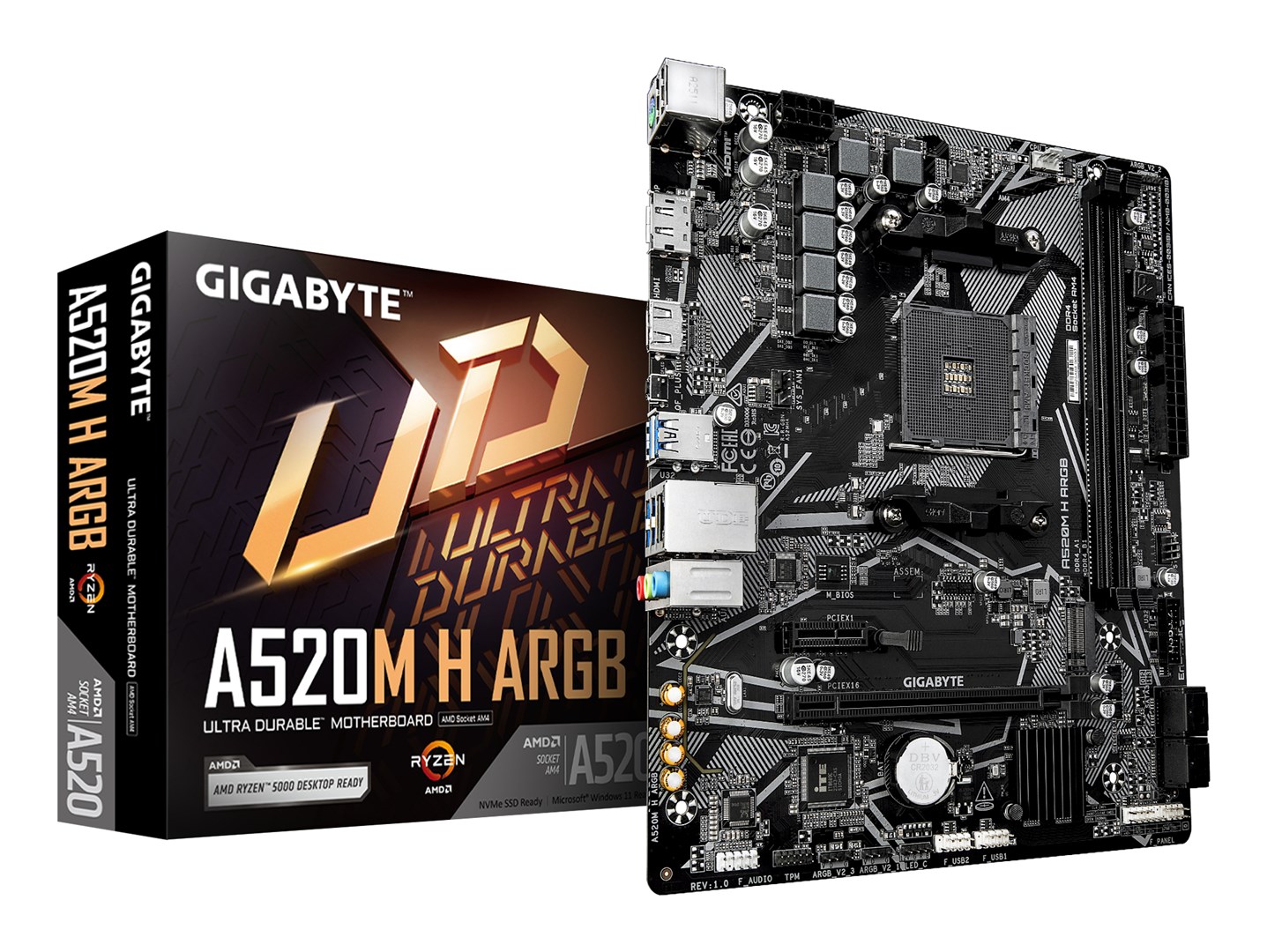 GIGABYTE A520M H ARGB Motherboard - Supports AMD Ryzen 5000 Series CPUs, up to 5100MHz DDR4 (OC), PCIe 3.0 x4 M.2, 1 GbE LAN, USB 3.2 Gen 1
