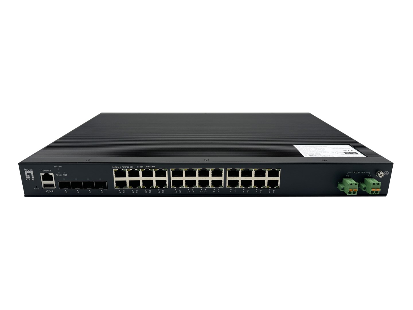 LevelOne 28-Port L2 Plus Managed PoE Industrial Switch, 4 x 1/2.5/10GbE SFP+, 24 PoE Outputs, 370W, 802.3AF/AT/BT PoE, 19" Rack Mount, -40°C to 80°C