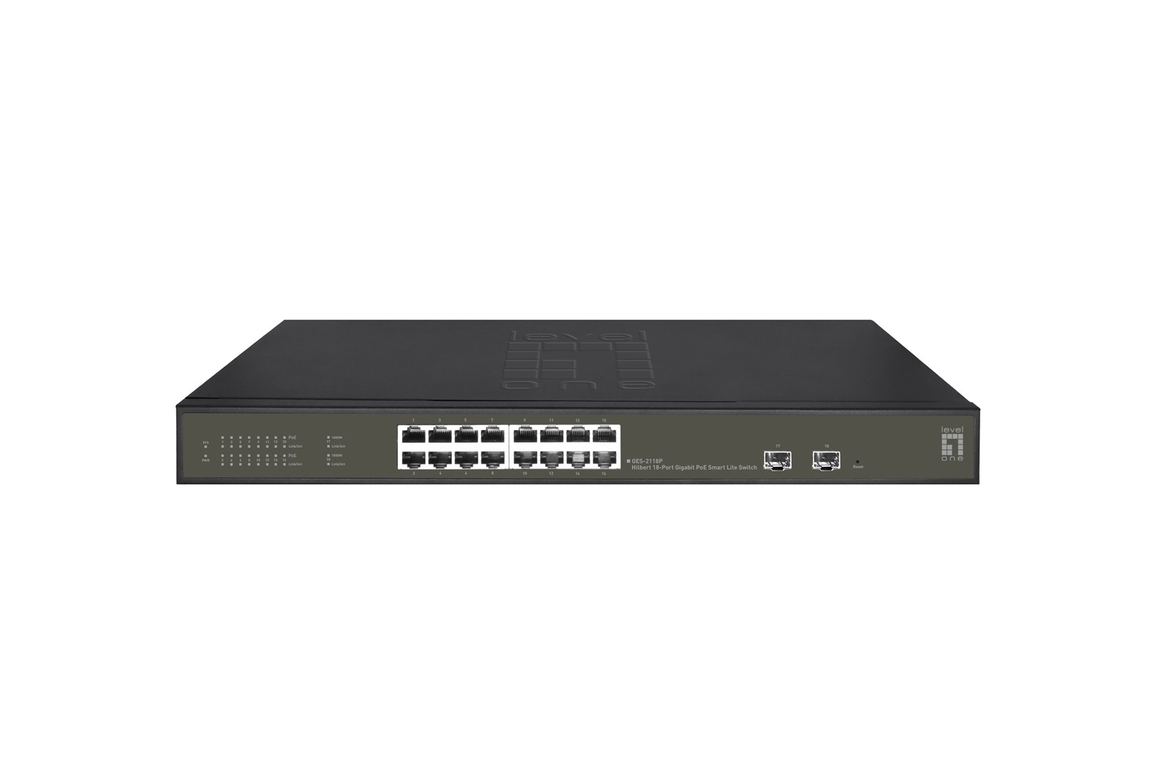 LevelOne Hilbert 18-Port Gigabit PoE Smart Lite Switch, 16 PoE Outputs, 2 x Gigabit SFP, 802.3at/af PoE, 230W PoE Power Budget