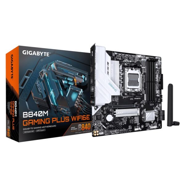 GIGABYTE B840M GAMING PLUS WIFI6E Motherboard - AMD Ryzen 9000 CPUs, 8+2+2 Phases VRM, up to 8200MHz DDR5(O.C), 2xPCIe 4.0 M.2, Wi-Fi 6E, 1GbE LAN, USB 3.2 Gen 2