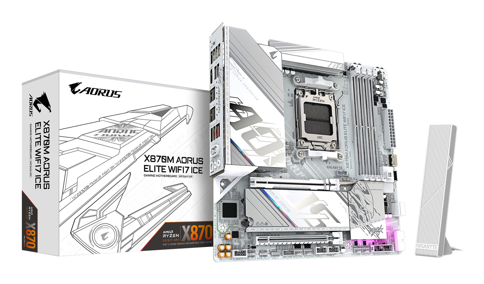 GIGABYTE X870M AORUS ELITE WIFI7 ICE Motherboard - Supports AMD Ryzen 9000 CPUs, 14+2+2 Phases Digital VRM, up to 8200Hz DDR5 (O.C), 1xPCIe 5.0 + 1xPCIe 4.0, Wi-Fi 7, 2.5 GbE LAN, USB 4