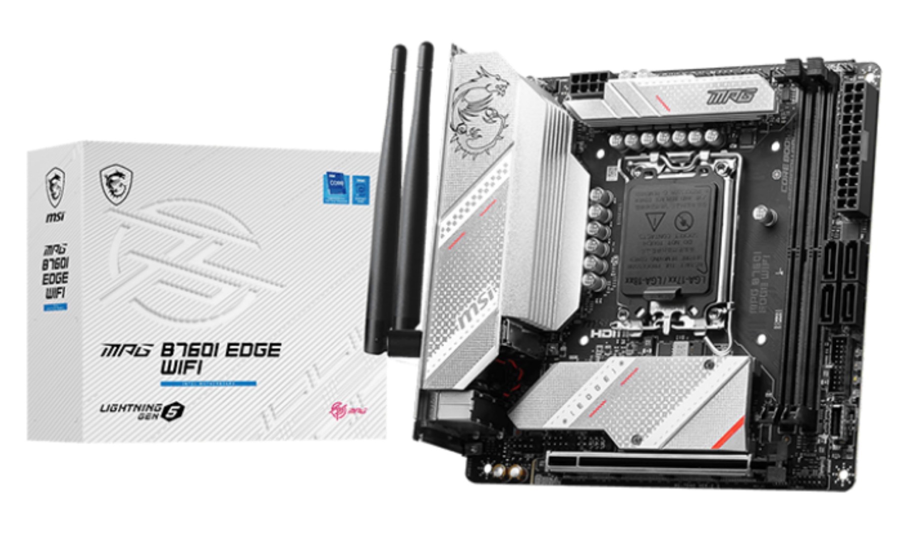 MSI | MPG B760I EDGE WIFI | Processor family Intel | Processor socket  LGA1700 | DDR5 DIMM | Memory slots 2 | Supported hard disk drive interfaces SATA, M.2 | Number of SATA connectors 4 | Chipset Intel B760 | Mini-ITX