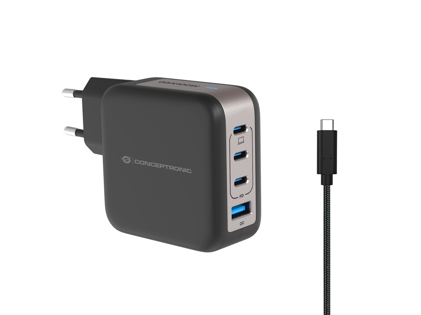 Conceptronic 4-Port 100W GaN USB PD Charger with USB-C Charging Cable, USB-C x 3, USB-A x 1, QC 3.0, PPS