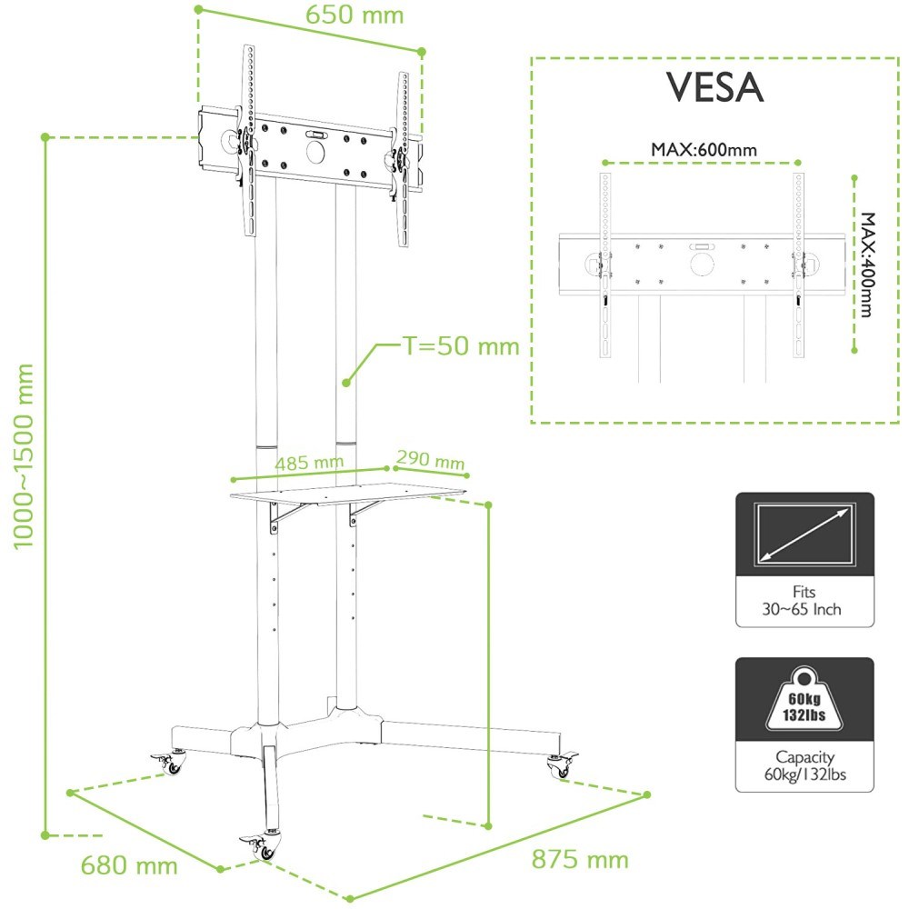 Techly Floor Trolley with Shelf Support LCD / LED / Plasma 30-65" ICA-TR6 - Afbeelding 2