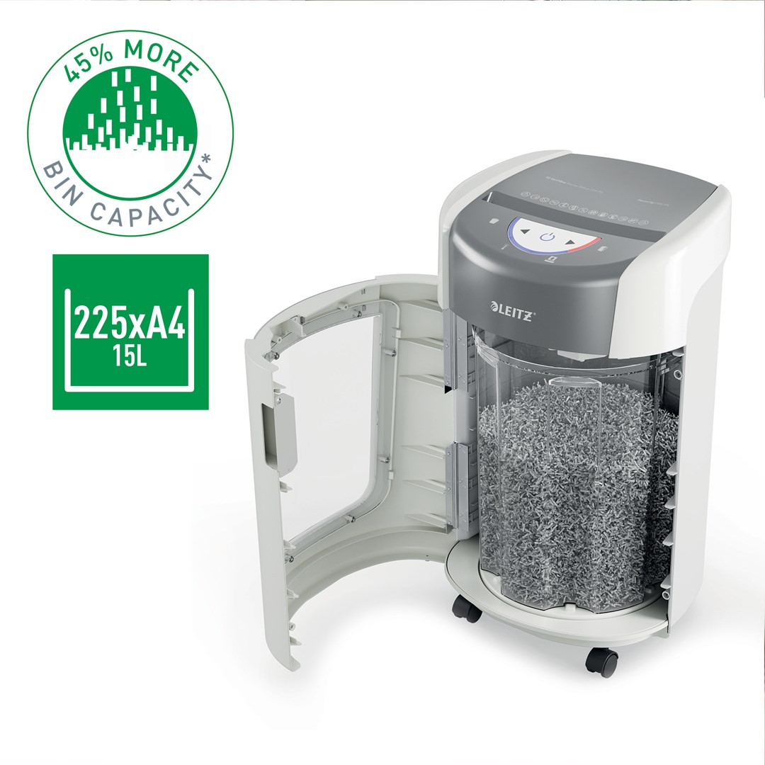 Leitz IQ OptiMax Home Office 225 Micro Cut Paper Shredder Security P5 15L - White - Afbeelding 2