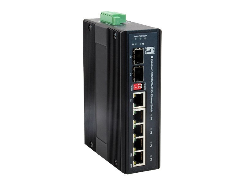 LevelOne 6-Port Gigabit PoE Industrial Switch, 802.3at/af PoE, 4 PoE Outputs, 1 x SFP, 1 x SFP/RJ45 Combo, DIN-Rail, -40°C to 75°C, 126W, voltage booster