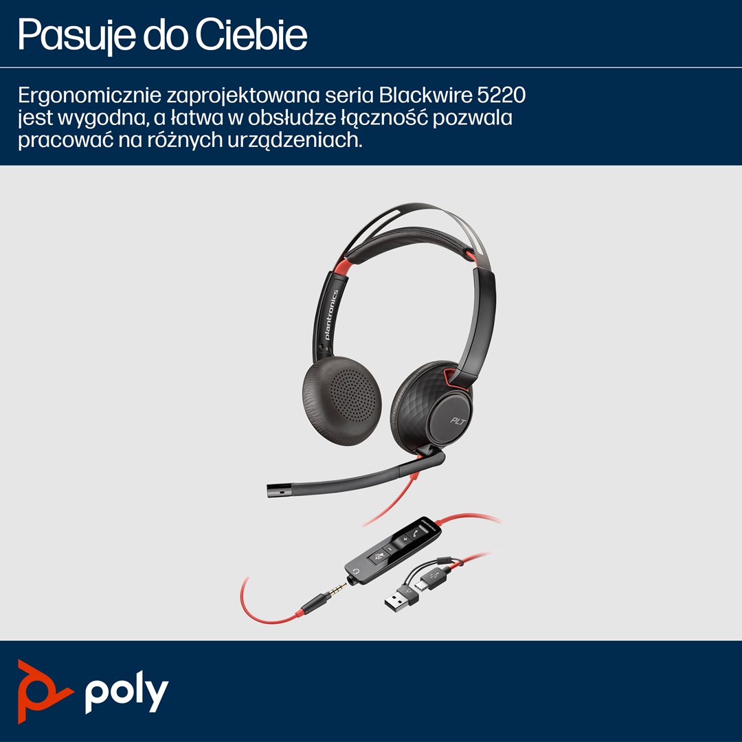 HP Poly Blackwire 5220 Stereo USB-C Headset +3.5mm Plug +USB-C/A Adapter (Bulk) - Afbeelding 9