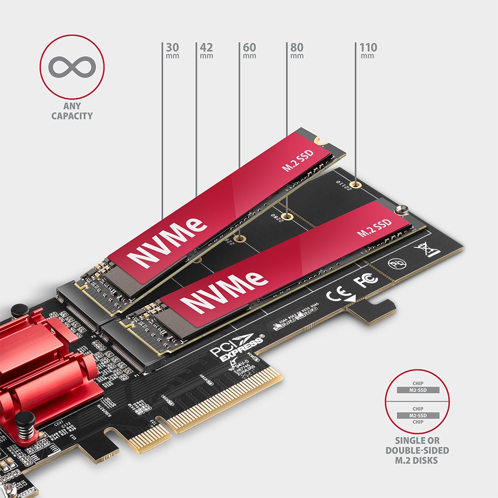 Axagon PCEM2-ND PCIe x8 - dual M.2 NVMe M-key slot adapter, RAID, dataswitch, w. SP & LP - Afbeelding 4