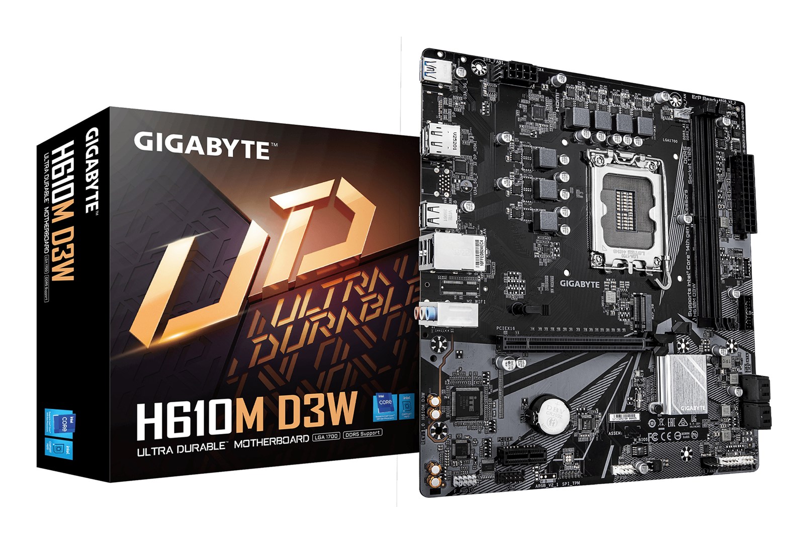 GIGABYTE H610M D3W Motherboard - Supports 14th Gen. Intel Core CPUs, 5+1+1 phases VRM, up to 5600MHz DDR5, 1xPCIe 3.0 M.2, 1GbE LAN, USB 3.2 Gen 1