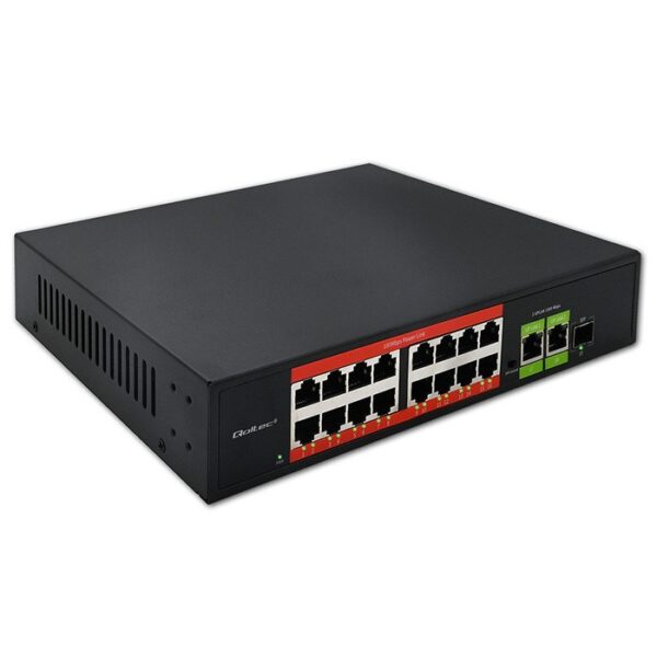 Qoltec Schakelaar sieciowy SWITCH Fast Ethernet PoE | 16x RJ45 10/100 Mb/s | 2x RJ45 Uplink 1000 Mb/s | 1x SFP 1000 Mb/s