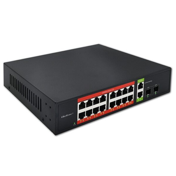 Qoltec Schakelaar sieciowy SWITCH Gigabit Ethernet PoE | 16x RJ45 | 2x RJ45 Uplink | 2x SFP | 1000Mb/s