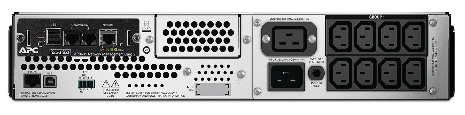 APC Smart-UPS, Line Interactive, 2200VA, Rackmount 2U, 230V, 8x IEC C13+2x IEC C19 outlets, Network Card, AVR, LCD - Afbeelding 3