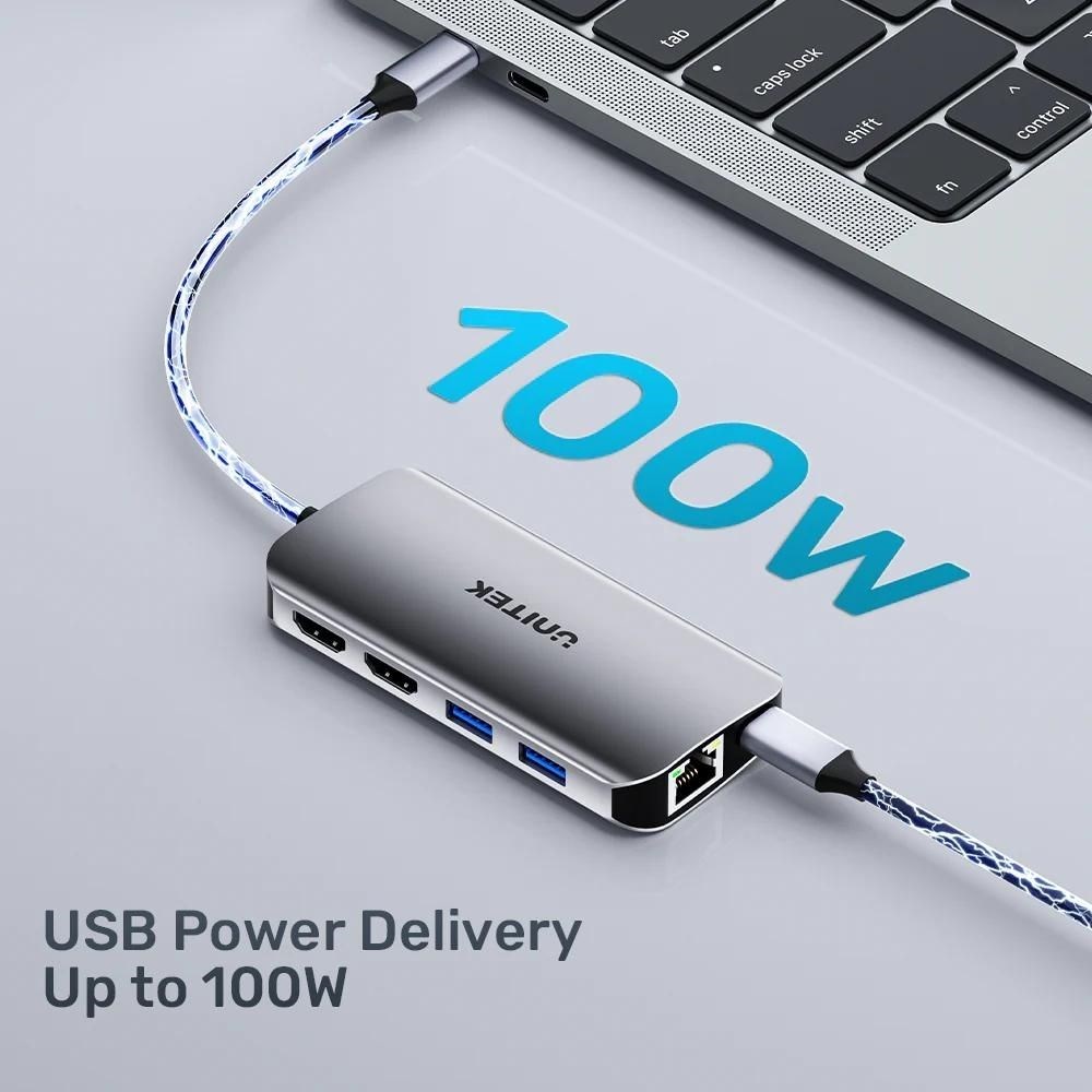 UNITEK ACTIVE HUB USB-C 2X HDMI 4K, RJ45, PD 100W - Afbeelding 5