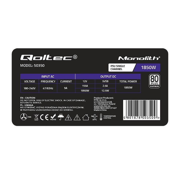 Qoltec 50350 power supply 1850W PCI-E| 80 Plus Platinum | Gaming Miner - Afbeelding 7
