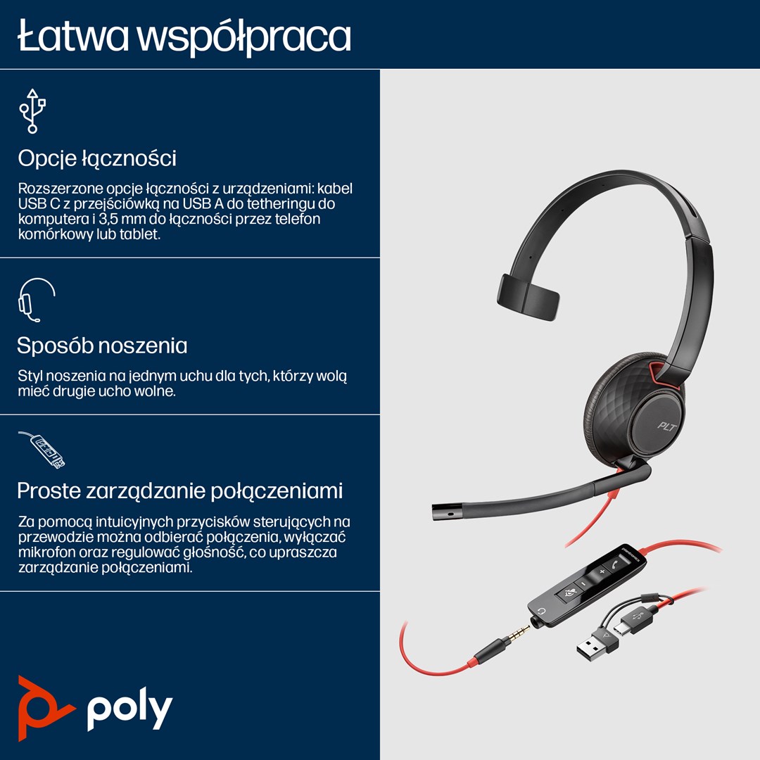 HP Poly Blackwire 5210 Monaural USB-C Headset +3.5mm Plug +USB-C/A Adapter - Afbeelding 13