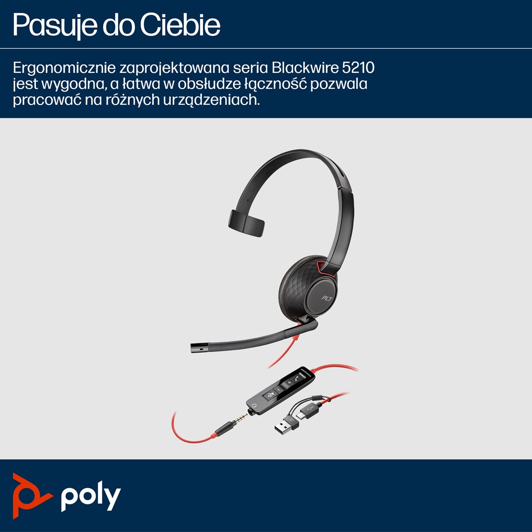HP Poly Blackwire 5210 Monaural USB-C Headset +3.5mm Plug +USB-C/A Adapter - Afbeelding 14