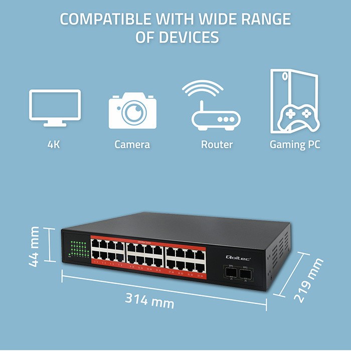 Qoltec Schakelaar sieciowy SWITCH Gigabit Ethernet | 24x RJ45 | 2x SFP | 1000 Mb/s - Afbeelding 3