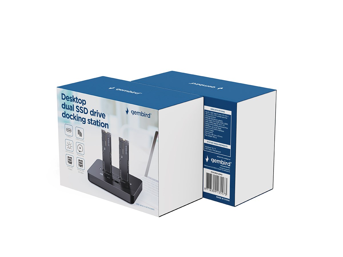 Gembird DD2-U3M2 Desktop dual drive USB Type-C M.2 NVME (and SATA) SSD docking station, black - Afbeelding 3