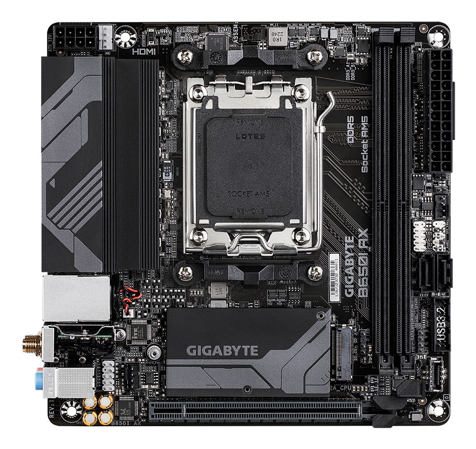 Gigabyte B650I AX 1.0 Processor family AMD Processor socket AM5 DDR5 DIMM Supported hard disk drive interfaces SATA, M.2 Number of SATA connectors 2 - Afbeelding 3