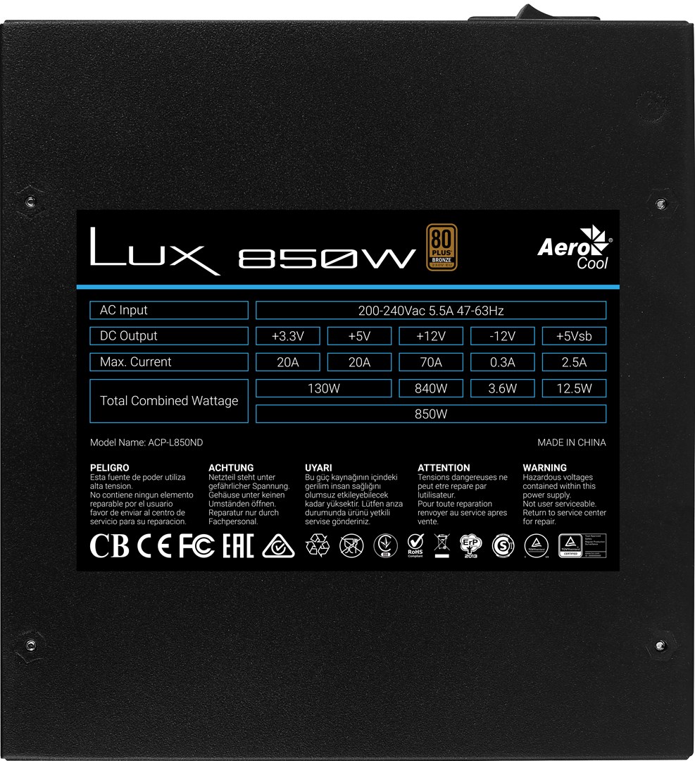 Aerocool LUX850 PC Power Supply 850W 80 Plus Bronze 230V 88% Efficiency Black - Afbeelding 14