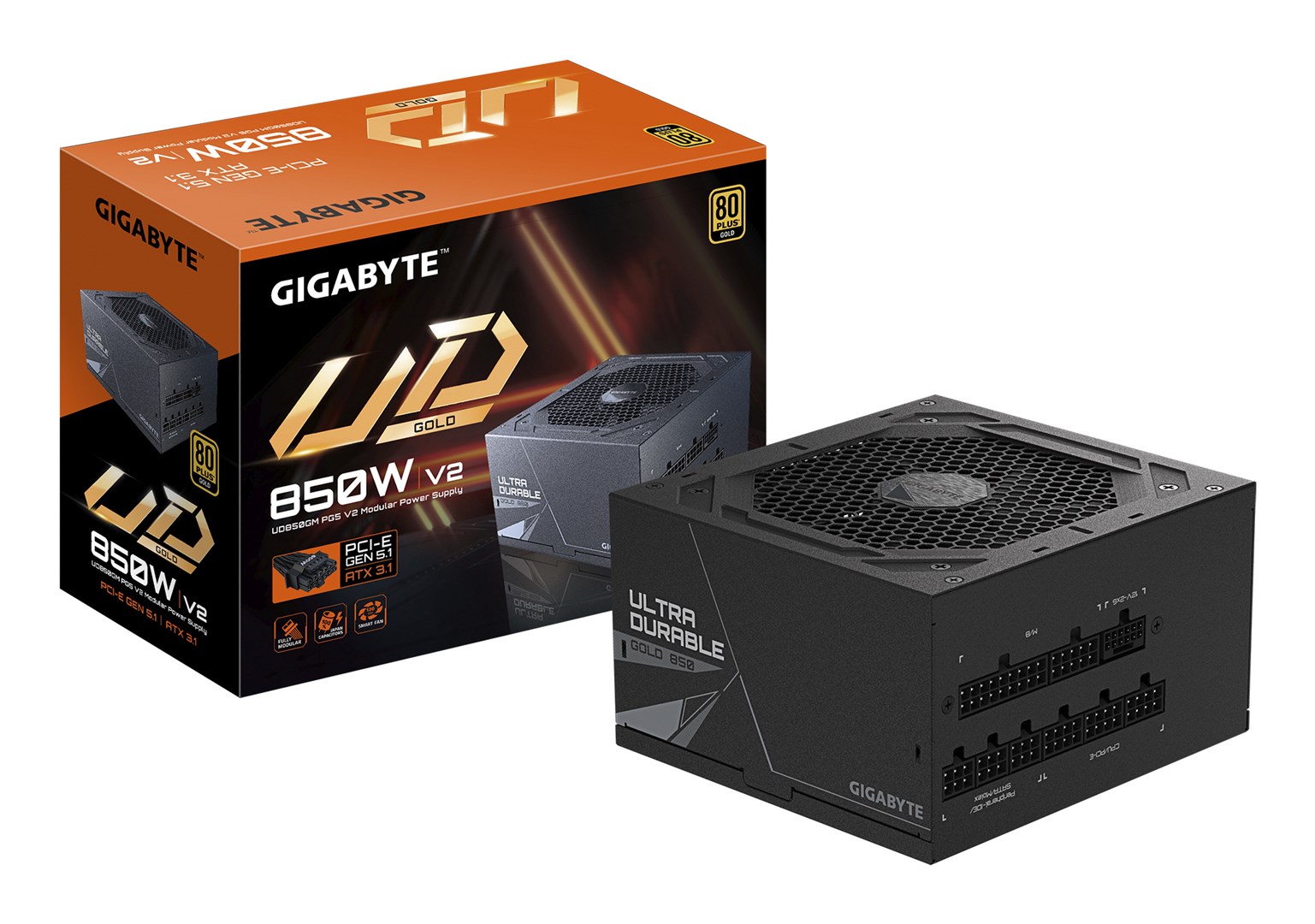 GIGABYTE UD850GM PG5 V2 Power Supply Unit- PCIe Gen 5.1, 80 PLUS Gold, Fully Modular Design, 120mm Fan, ATX 3.1 compatible, EU Plug
