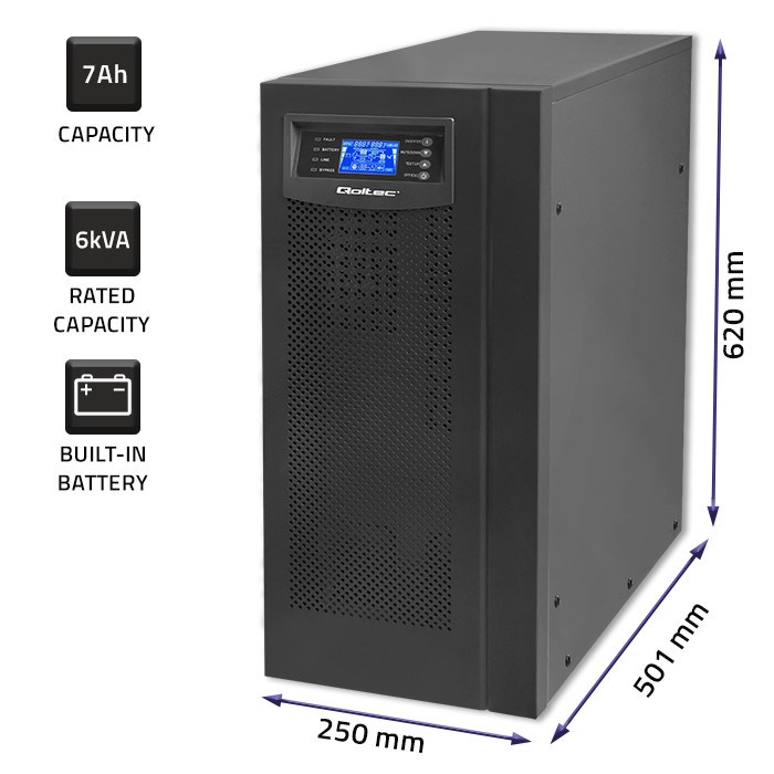 Qoltec 53982 UPS | On-line | Pure Sine Wave | 6kVA | 4.8kW | LCD | USB - Afbeelding 6