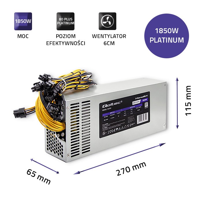 Qoltec 50350 power supply 1850W PCI-E| 80 Plus Platinum | Gaming Miner - Afbeelding 4