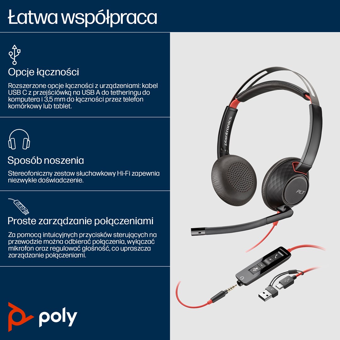 HP Poly Blackwire 5220 Stereo USB-C Headset +3.5mm Plug +USB-C/A Adapter (Bulk) - Afbeelding 13