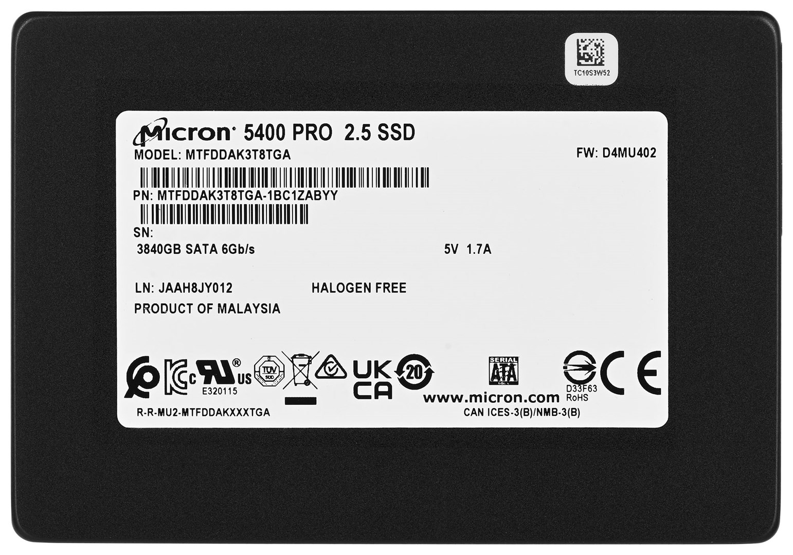 SSD Micron 5400 PRO 3.84TB SATA 2.5" MTFDDAK3T8TGA-1BC1ZABYYR (DWPD 1.5)