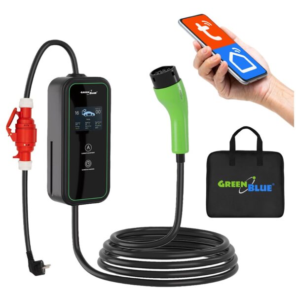 GreenBlue-oplader voor EV’s/PHEV’s, draagbaar, type 2, kabellengte 6,8 m, IP65, 11 kW, 220-380 V AC 50/60 Hz, 16 A, 3 fasen, GB1100