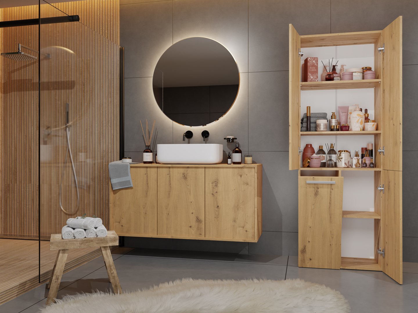 Topeshop NEL 1K DD ART KPL opbergkast voor de badkamer Eiken