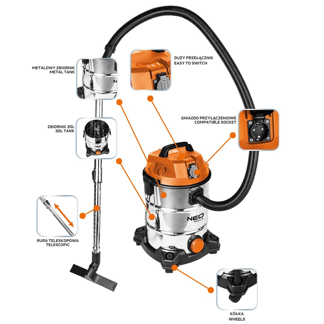 NEO TOOLS Industriële stofzuiger 1400 W, reservoir 30 l, 04-738