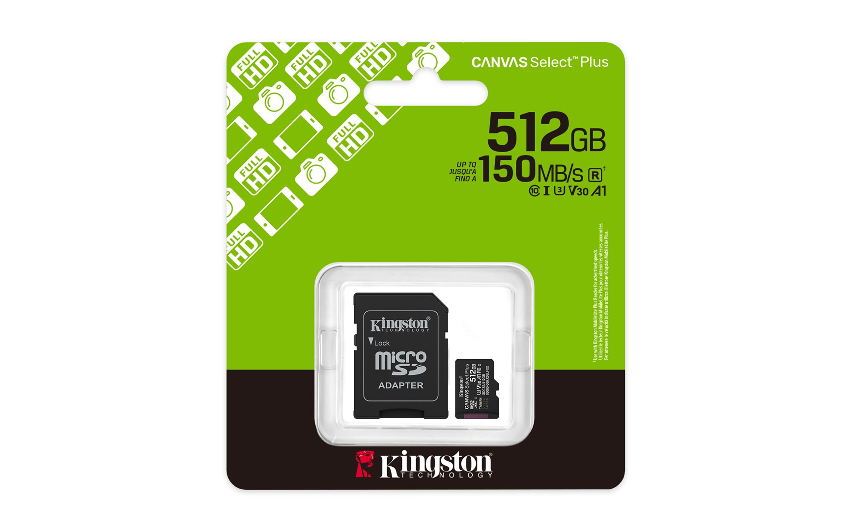 Kingston Technology 512GB microSDXC Canvas Select Plus Gen3 150MB/s A1 kaart + adapter