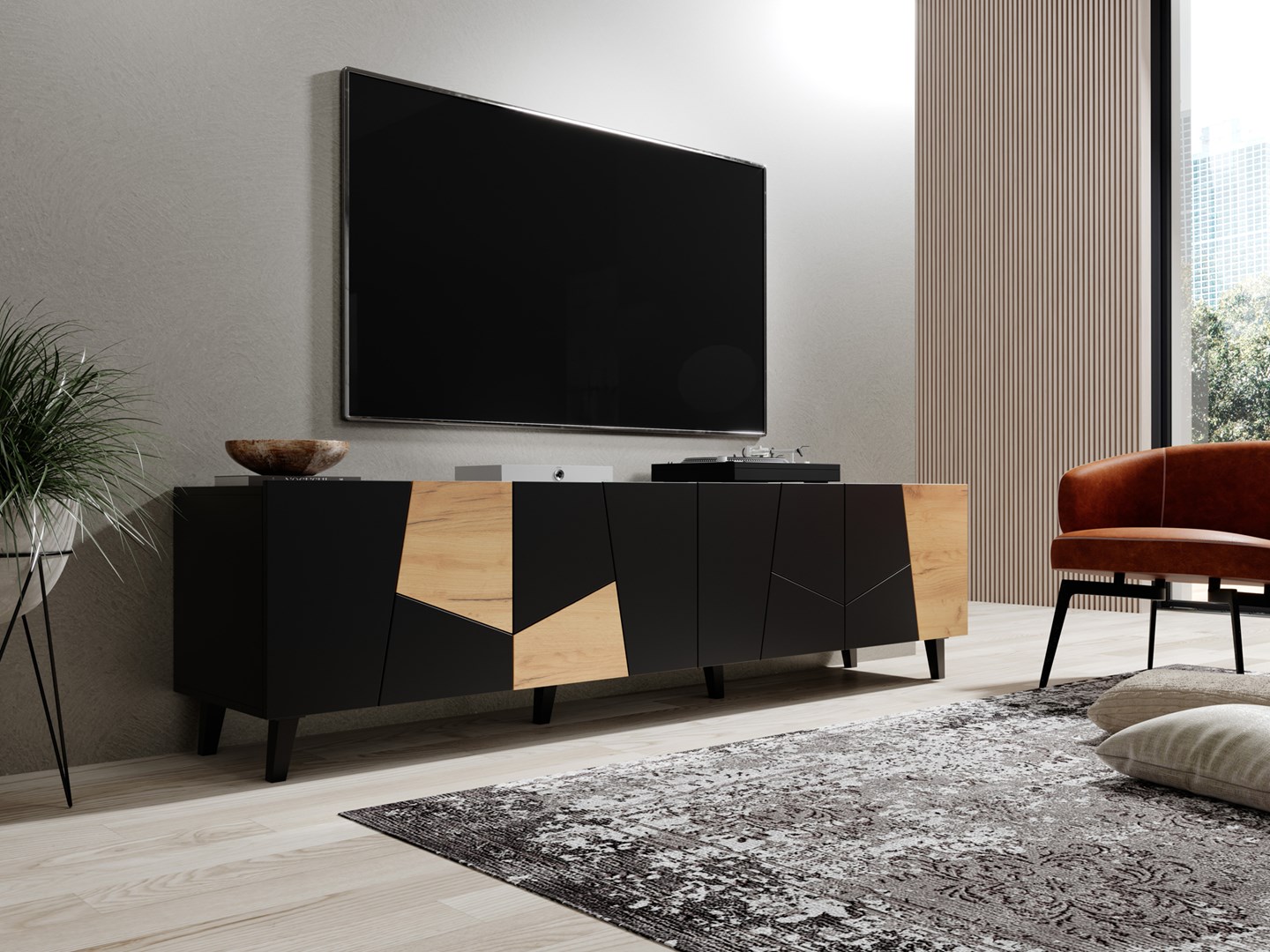 RTV kast ETNA 200x42x52 zwart mat + eiken ambachtelijk